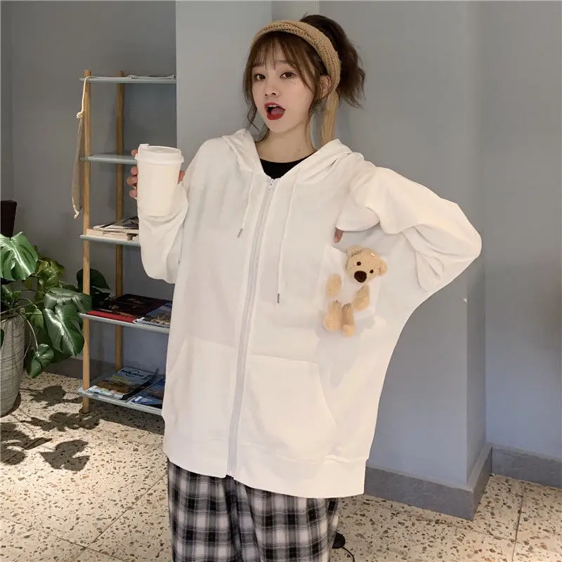 

Hoodies Women Spring Zip-up Hooded Kawaii Sweet Bear Sweatshirt Loose Korean Style Pockets Students Design Outwear All-match Ins