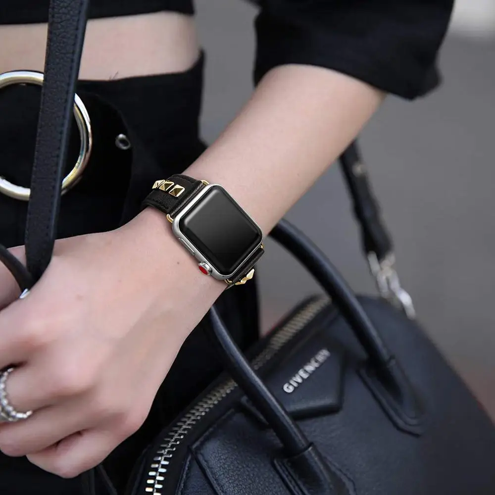 Ремешок кожаный в стиле панк для Apple watch band 44 мм 40 браслет из натуральной кожи iWatch 38