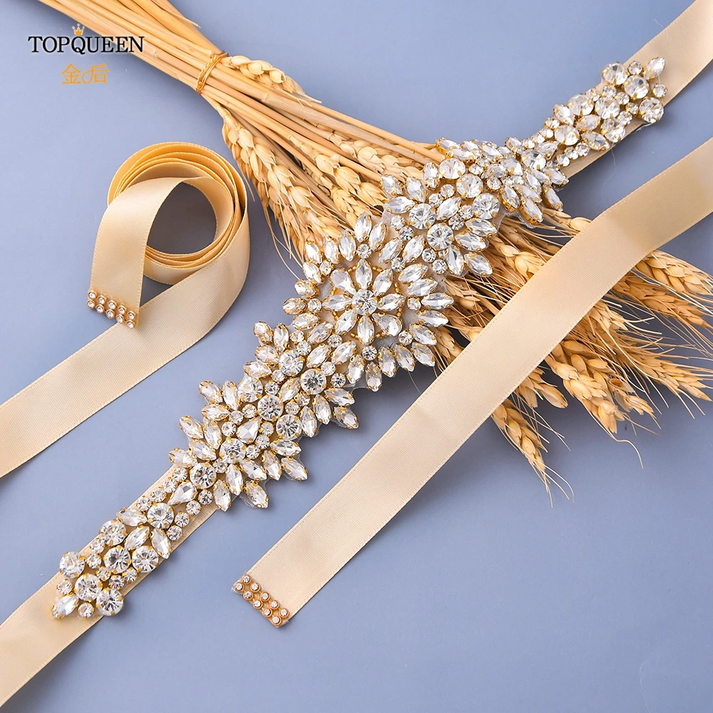 TOPQUEEN-Cinturón de lujo para mujer, accesorio de boda con apliques de diamantes de imitación dorados, faja de diamantes, decoración para vestido de noche, S319-G