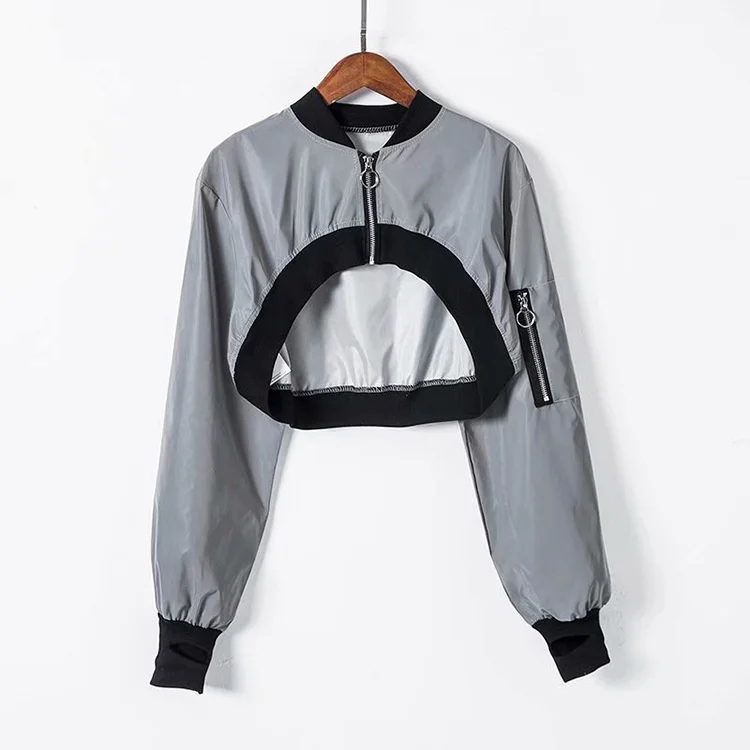 European American Style Short Sexy Jackets Hip Hop Sweet Girl Reflective Coat Loose Solid Sports Streetwear Zip Top 2021 New