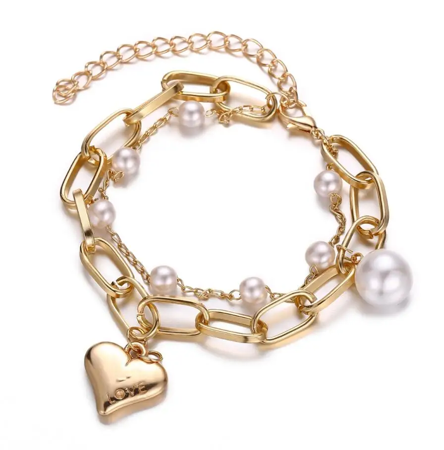 Gold Heart KMVEXO Новинка барокко имитация браслеты из жемчуга Золотой Металл ручной ювелирные изделия голова монета сердце звезды браслет браслеты для женщин Девушка - Окраска металла: Gold Heart