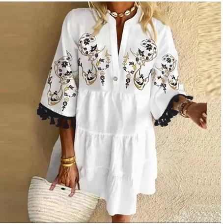 

Vogue Tassel Sleeve Women Dress V Neck Lady Patchwork Dress Loose Casual Empire Knee Length Tassel Sleeve Dress