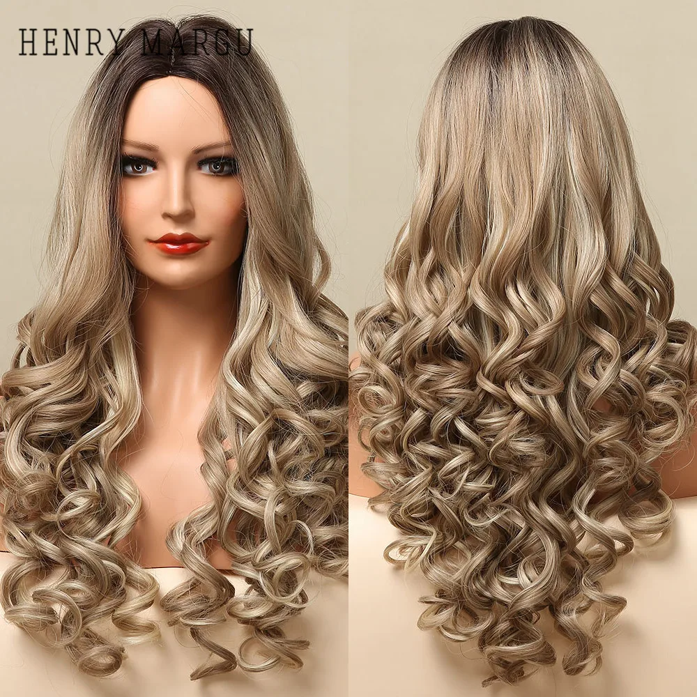 

HENRY MARGU Ombre Brown Champagne Blonde Highlight Long Loose Wave Synthetic Hair Wig Natural Fake Hair for Women Heat Resistant