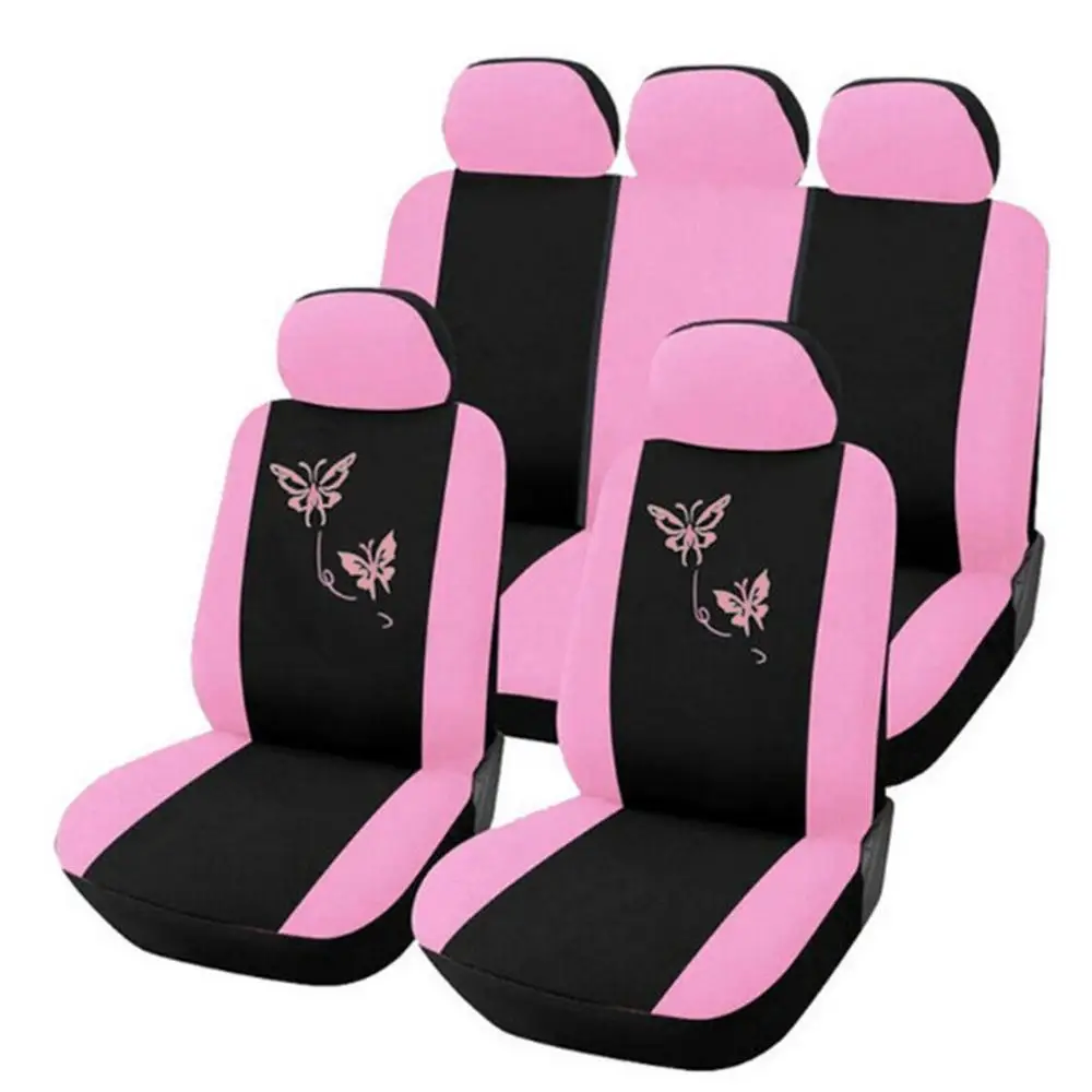Pink 9Pcs Чехол на сиденье автомобиля фиолетовый розовый Бабочка вышивка Подходит для женщин 4 шт. 9 шт. набор композитная губка внутри - Название цвета: Pink 9Pcs