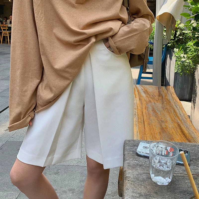 

VGH Black Wide Leg Pants For Women High Waist Minimalist Solid Basic Knee Length Trousers Female Summer Fashion New Clothing