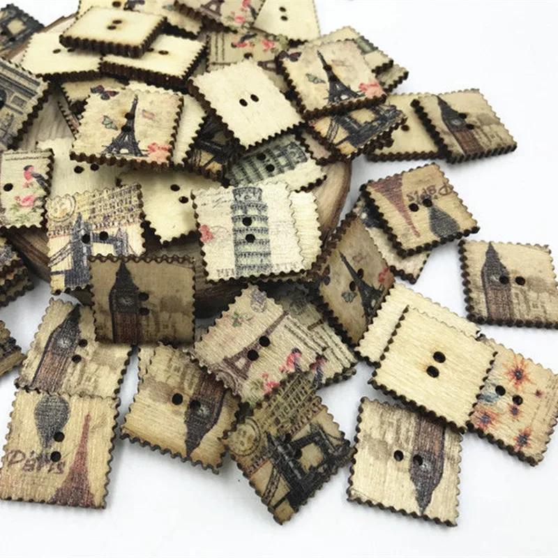 DIY 100pcs Retro Square Mixed landscape Wooden buttons Fit Sewing 20mm | Дом и сад