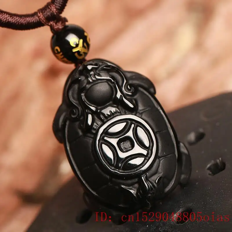 Natural Black Obsidian Beads Necklace Hand-Carved Dragon Turtle Jade Pendant Charm Auspicious Jewelry for Man Women Amulet Gifts | Украшения
