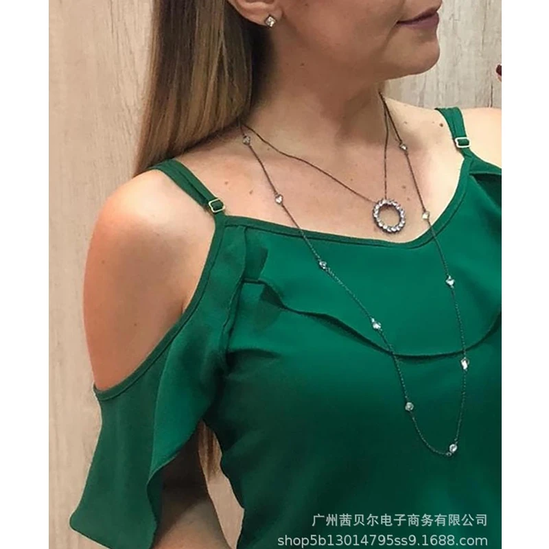 

WEPBEL T-shirt Women Sexy Ruffled Stitching Solid Color T-shirt Summer Short Sleeve Strapless O-Neck Spaghetti Strap T-shirt