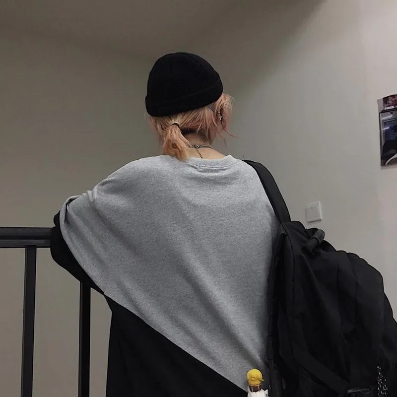 Имитация двух частей футболка с коротким рукавом Лоскутная серая черная длинная