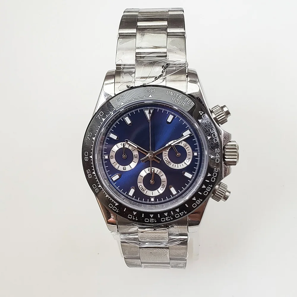 Chronograph VK63 quartz movement watch blue dial 39MM Sapphire ceramic bezel luminous pointer steel bracelet D7