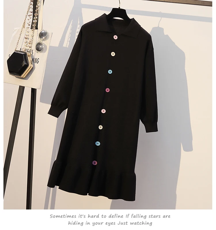 XL-XXXL размера плюс женское вязаное платье-свитер осень зима модное однобортное Повседневное платье с длинным рукавом и рюшами