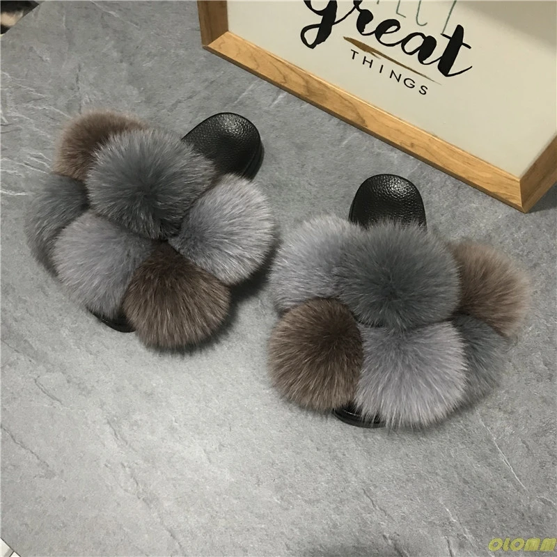 

Pom Pom Fur Slippers For Women Fluffy Real Fox Fur Slides Furry Raccoon Fur Sandals Ladies Cute Fur Ball Flip Flops Rainbow Shoe