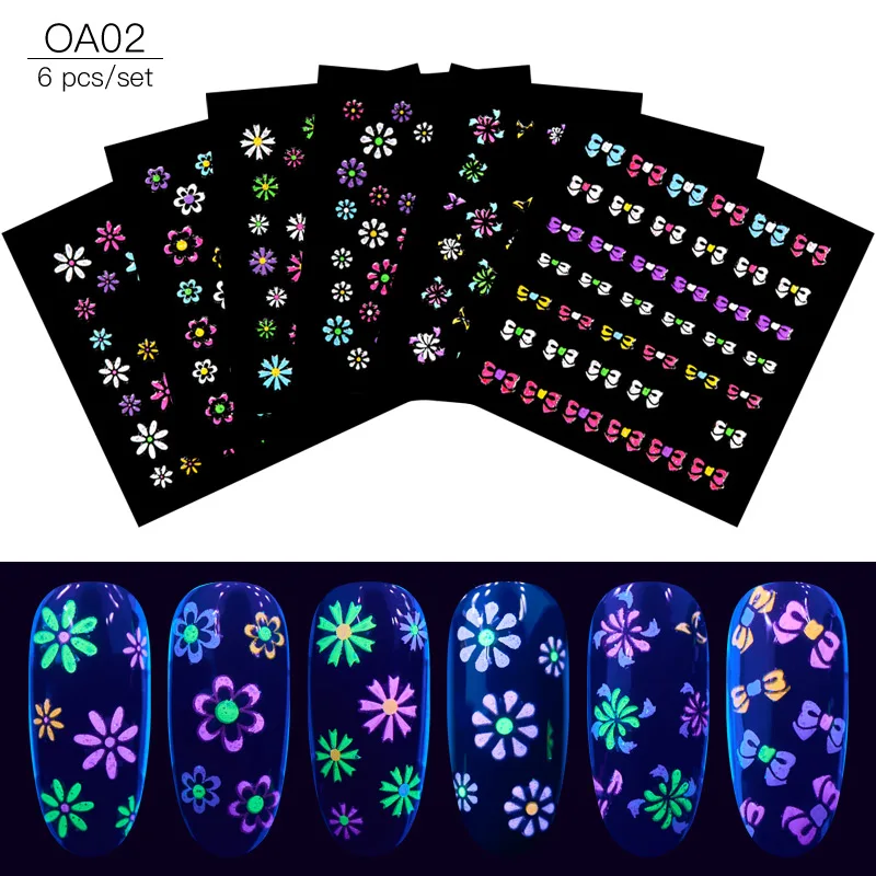 Флуоресцентные 3D-Наклейки для ногтей с четырьмя лилилиями светящиеся в темноте