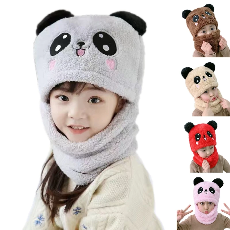 

Kids Winter Warm Plush Balaclava Hat Cartoon Bear Ears Earflap Hood Cap Scarf R7RF