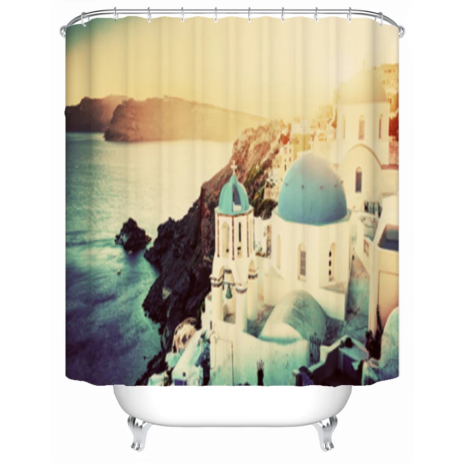 

Ретро-постер, занавеска для душа, занавеска на Санторини, ландшафт, декор для ванной комнаты, занавеска для ванны из полиэстера с крючками, в...