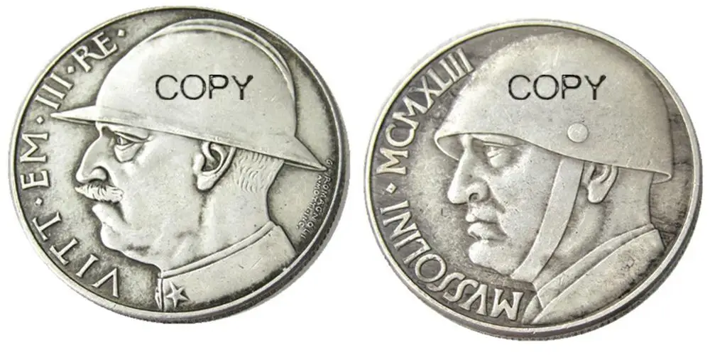 

MORUZZI-VICTOR EMMANUEL III 1900-1943 20 LIRE Elmetto 1928 или 1943 2 шт посеребренные копии монет