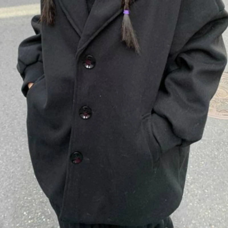 

Women Wool Blends Coats Plus Velvet Solid Warm Loose Pocket Single Breasted Korean Style Vintage Turn-down Collar Leisure Simple