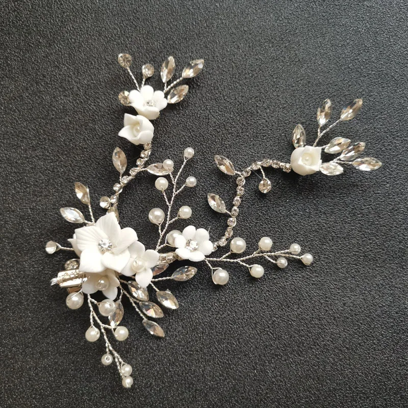 SLBRIDAL Wired Crystal Rhinestone Wedding Ceramic Flower Hair Clip Barrettes Bridal Headdress Accessories Women Jewelry | Украшения и