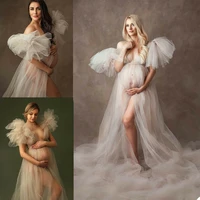 white bridal fluffy tulle maternity robe ruffles women prom dress ruffled robes maternity dresses for photo shoot