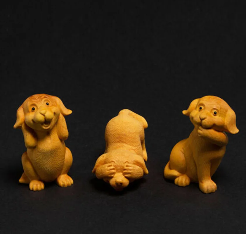

D063-7,5 см резная вручную фигурка из ящика резьба-3 мудрых маленьких собак (не вижу, не разговаривает, не слушайте)