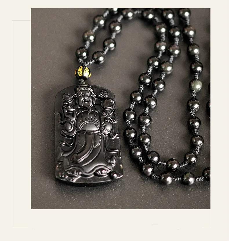 Натуральный черный обсидиан бусы ожерелье ручной работы Бог богатства нефрит