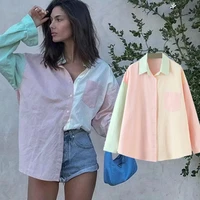elmsk blusas mujer de moda 2021 shirt ins fashion blogger vintage color contrast oversize loose pocket boyfriend blouse women