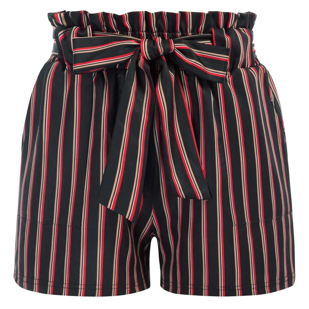 

Summer Shorts Women High Waist Shorts Leisure Striped Loose Breathable With Belt Casual Ruffled Waistline Shorts Clothes Ladies