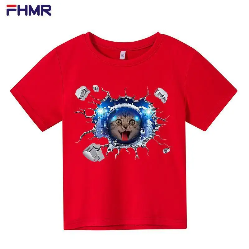

New Spring Summer T-Shirt 3D Animal O-Neck short-sleeved Comfortable T-Shirt Cartoon Loose 4T-14T space cat boy tee tops
