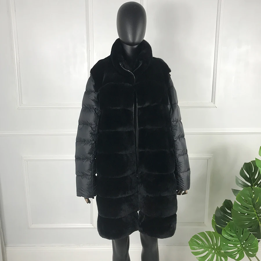 

Detachable Coat Women Real Rex Rabbit Fur Jacket Fashion Down sleeves Outwear