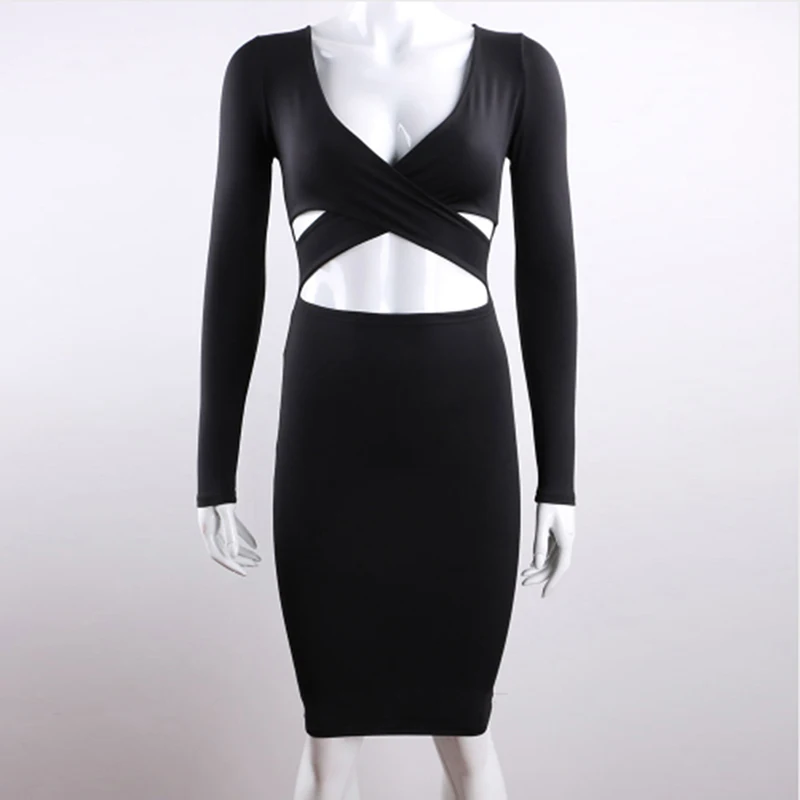 

Red Black Long Sleeve Elastic Cotton Warm Party Dresses Vestidos Sexy Knee-length Pencil Club Bodycon Bandage Pencil Dress