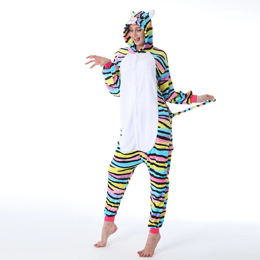 Животных для взрослых с тигром котом Комбинезоны фланель Семья вечерние в виде