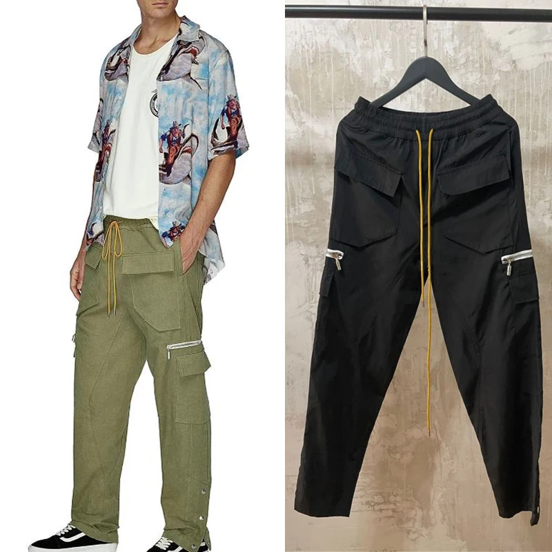 

Best Version VUJADE CARGO PANTS 1:1 Men Causal Track Pants Joggers Rhude Retro multi pocket zipper buttons Pants ArmyGreen black