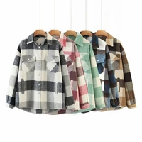 autumn winter womens plaid shirt jacket coat ladies pockets thick turn down collar plus size female outerwear tops