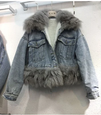 blue grey Джинсовая куртка из натурального Лисьего меха, женская зимняя куртка, Женская куртка, пальто, зимнее теплое пальто, Femme - Цвет: blue grey