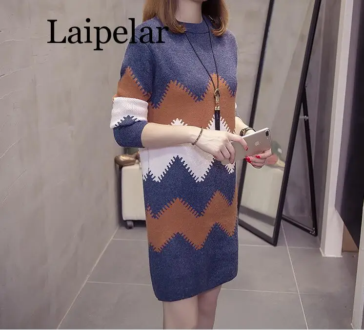 

Laipelar New 2020 Autumn Women's Dresses Fashion Straight Solid Striped Full Sleeve Sweet Mini O-Neck Sweater Loose Dresses