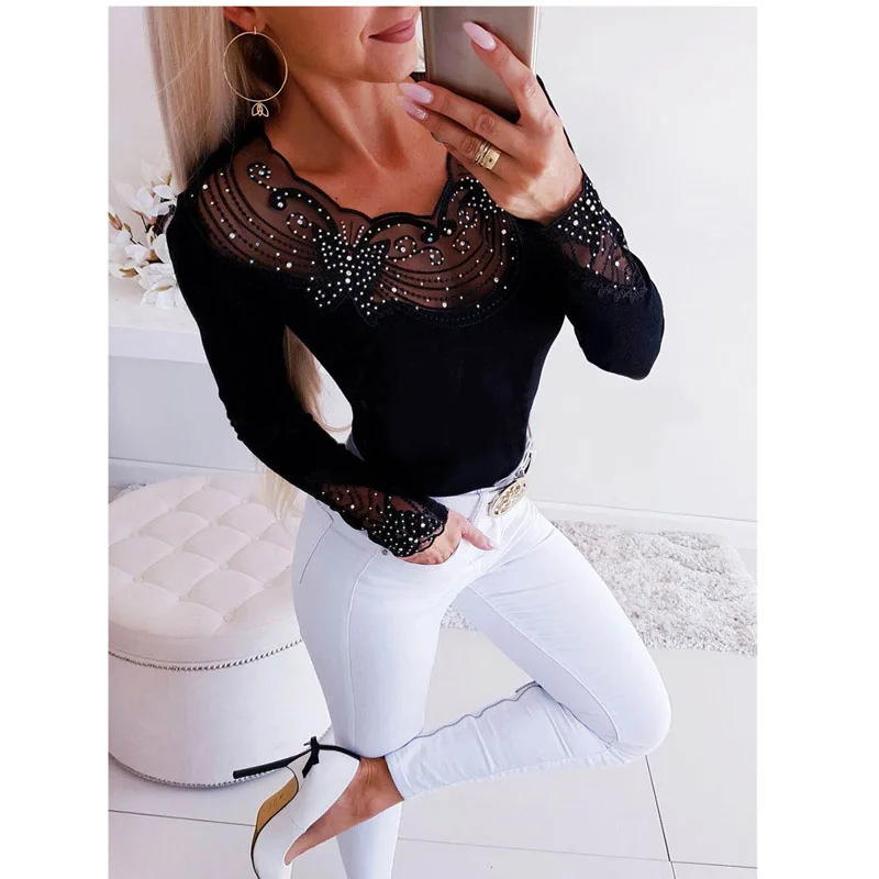 Горячая дрель украшение кружева сплайсинга рубашка женская с длинным рукавом
