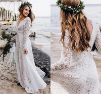 new lace wedding dress 2022 boho v neck backless long sleeve beach bridal gowns plus size bride vestido de noiva