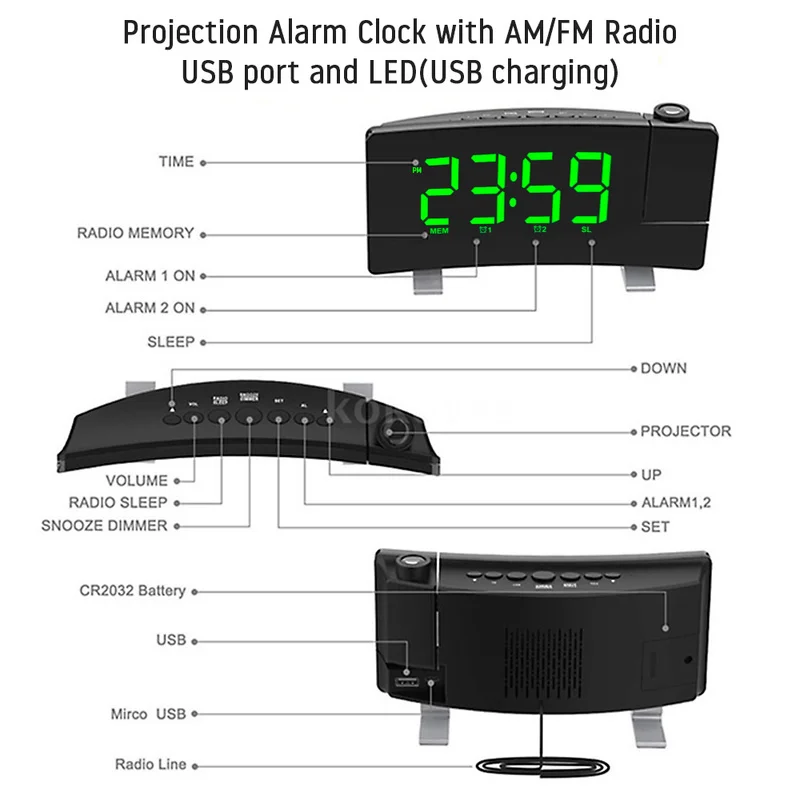 Проекционный цифровой будильник часы с функцией повтора и подсветкой проектор