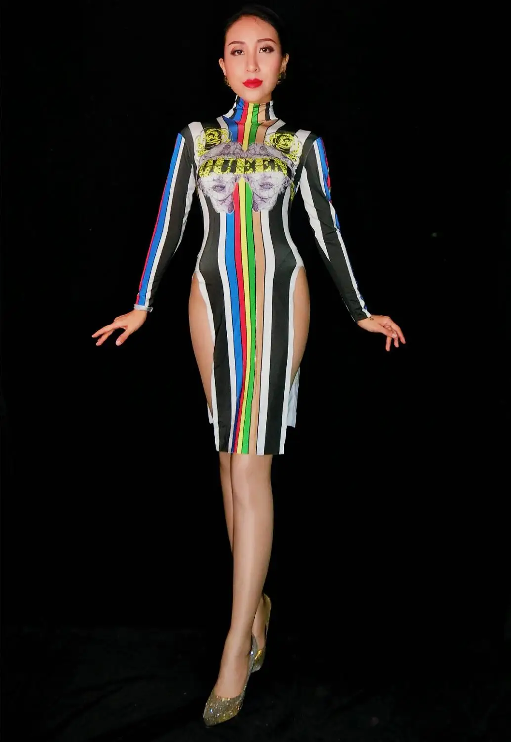 

Женское пикантное платье в цветную полоску, китайские национальное слитные костюмы, одежда для диджея, шоу, певицы, сценических танцев, плат...