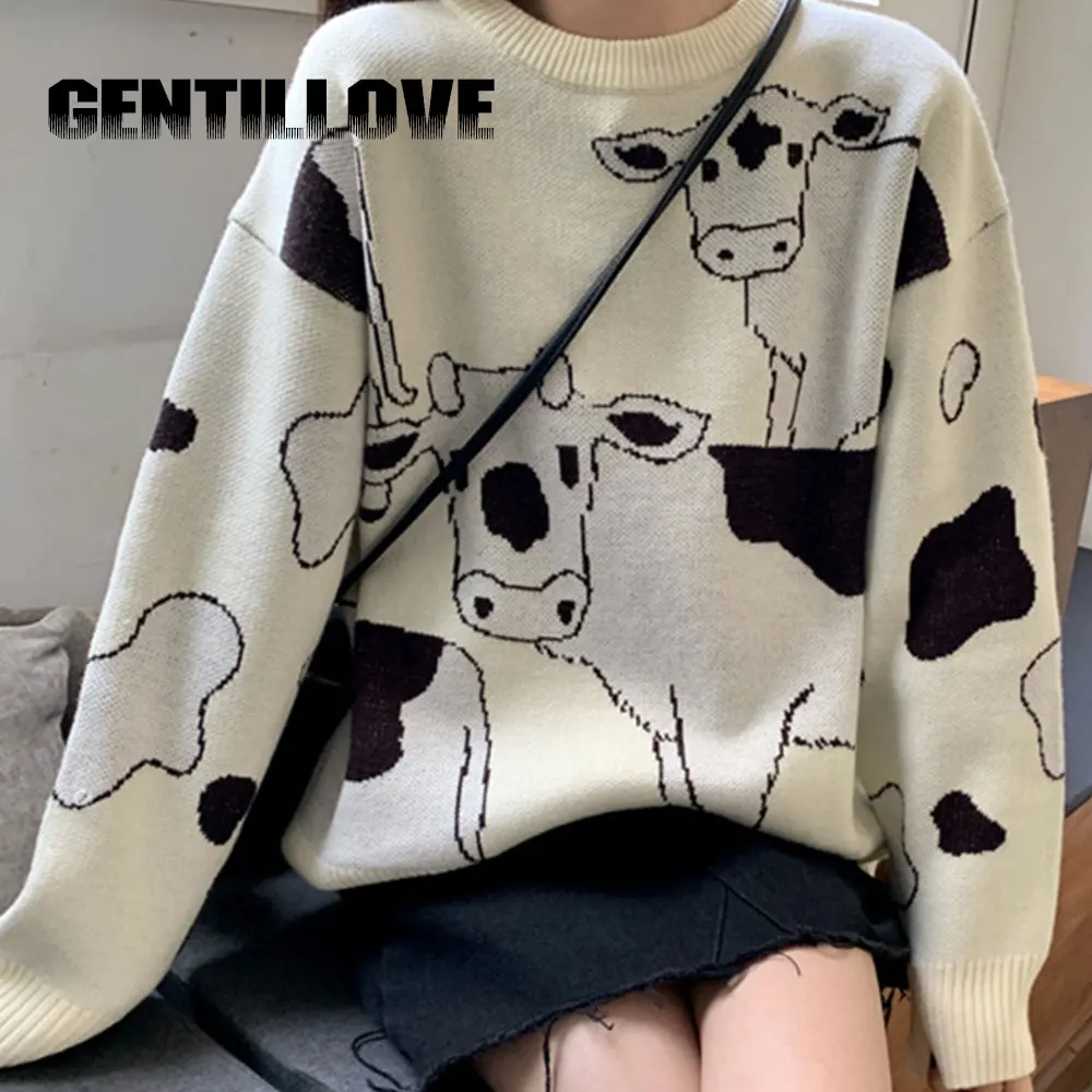 

Vintage Casual Loose Cow Sweater Women's Sweaters Japanese Kawaii Ulzzang Female Korean Harajuku Clothing for Women Oversize