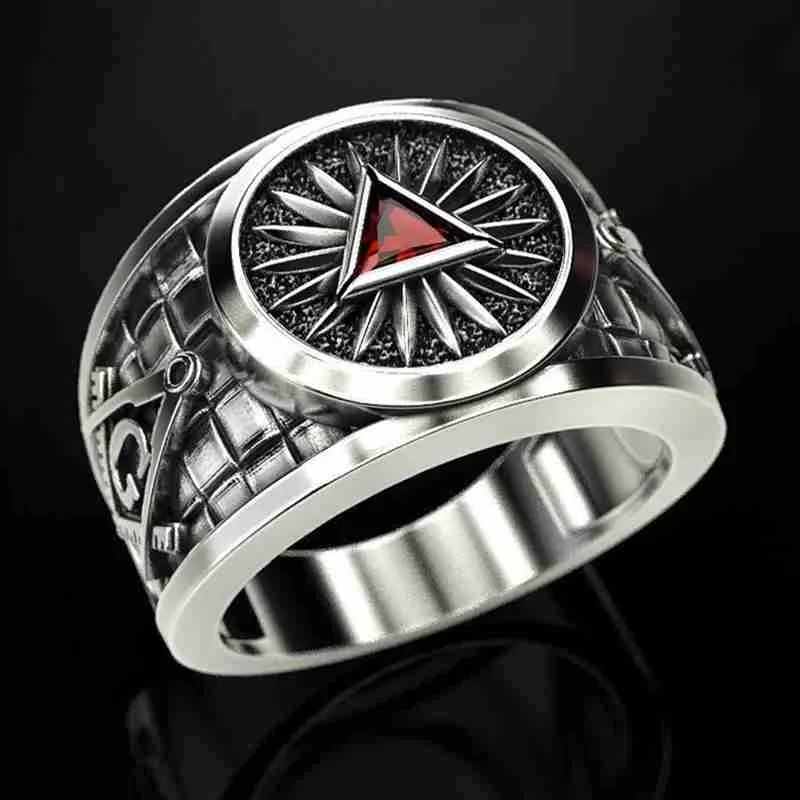

Men's Fashion Alloy Inlaid Ruby Freemasonry Ring Men's Punk Mason Freemasonry Ring Factory Direct Sales Rings for Women