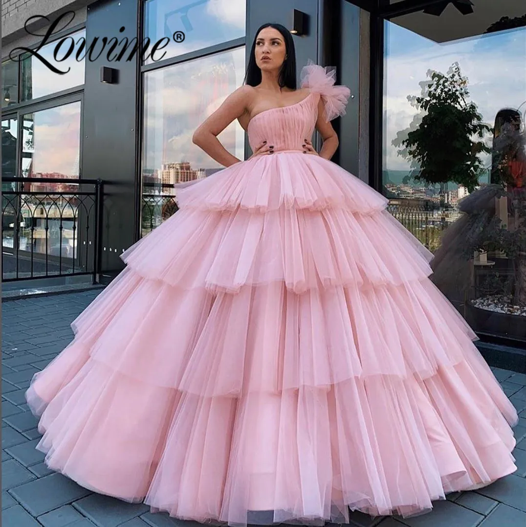 

Saudi Arabic One Shoulder Pink Evening Dress Special Occasion Tiered Prom Party Dress Islamic Dubai Formal Evening Gown 2020