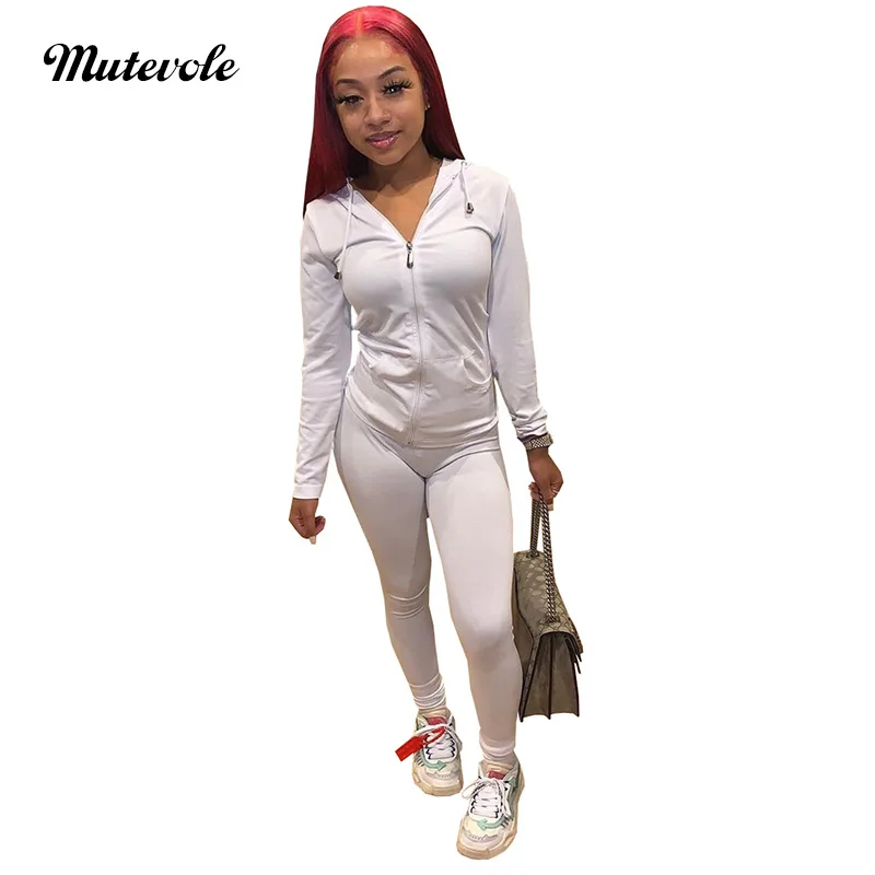 

Mutevole однотонные Цвет спортивный костюм с капюшоном для женщин, комплект из 2 предметов, толстовки на молнии с длинными рукавами топ и штаны, ...