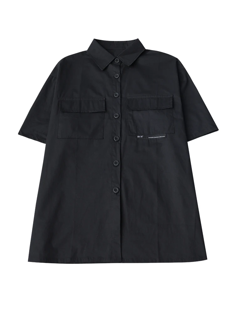 

Summer 2021 Simple Japanese Shirt Workwear Large Pocket Letter Label Ripper Short-sleeved Top Loose Women's Plus Size Blouse