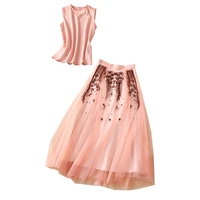 high quality new runway skirt suits 2021 summer women sleeveless pink topsluxurious embroidery ball gown skirt sets 2 piece