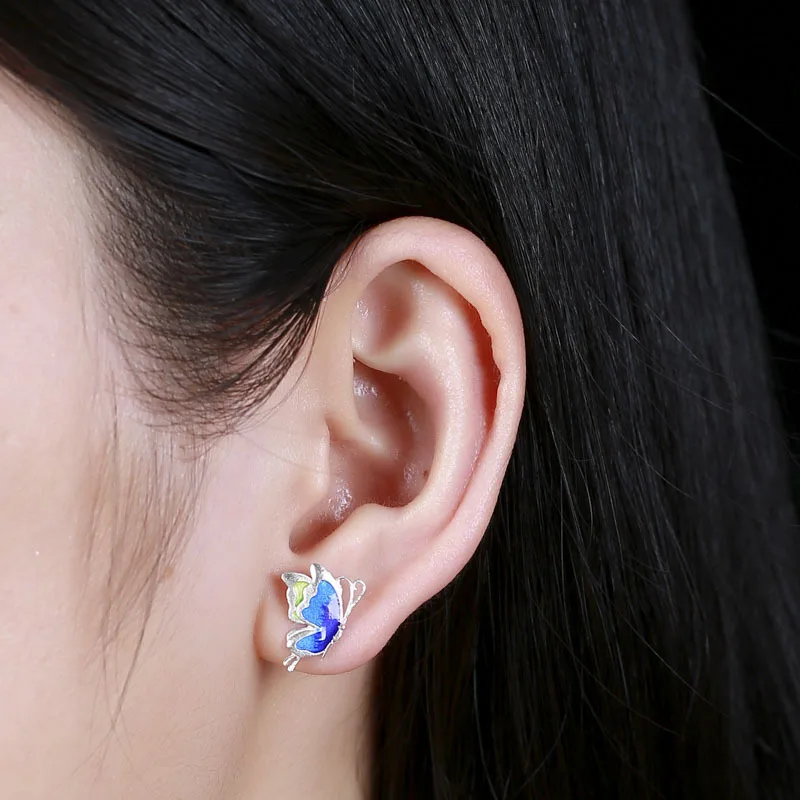 S925 стерлингового серебра Цвет Бабочка милые серьги гвоздики модные ювелирные