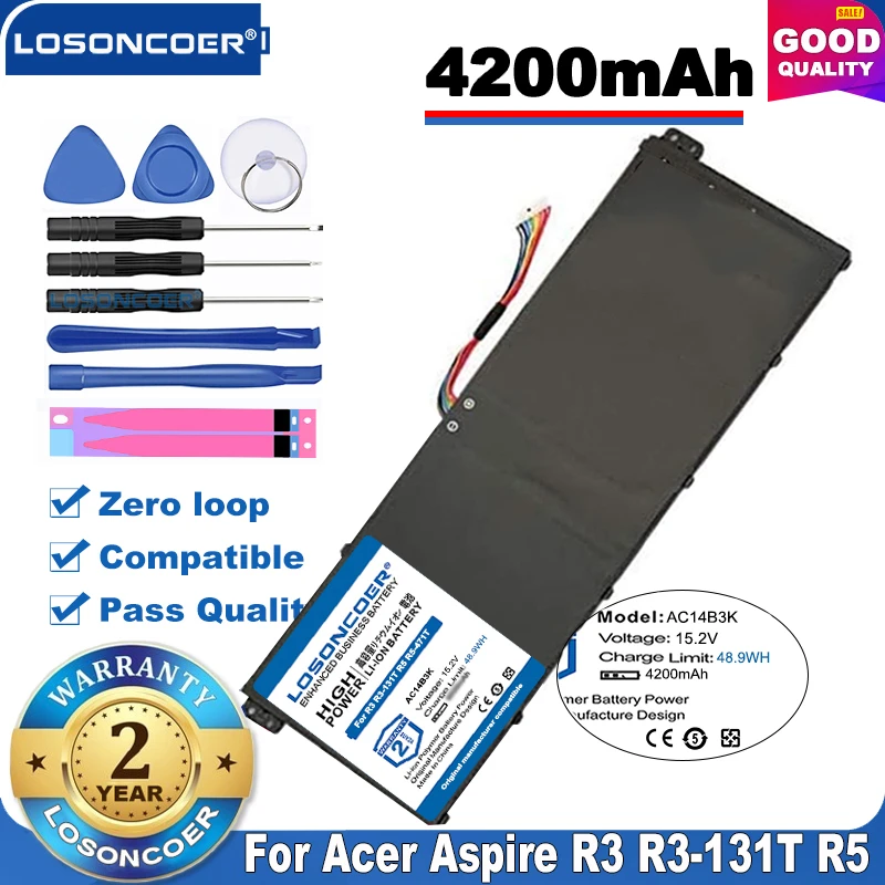 100% Оригинальный LOSONCOER 4200 мАч аккумулятор AC14B3K для Acer Aspire R3 131T R5 471T 571T 15 2 V