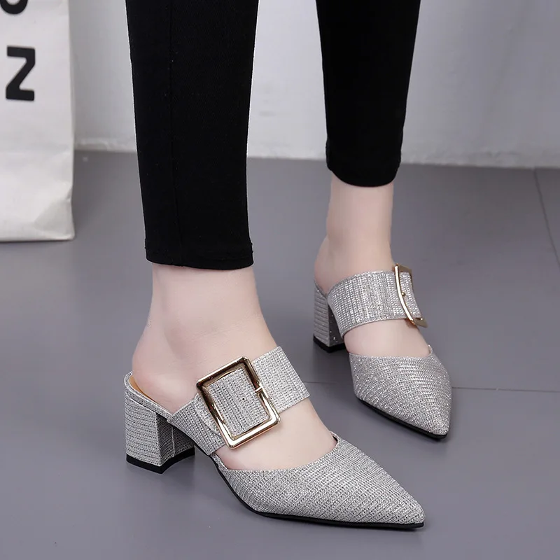 

Women Belt Buckle Sandals Pointed Toe Fashion Casual Shoes Chunky High Heels sandals