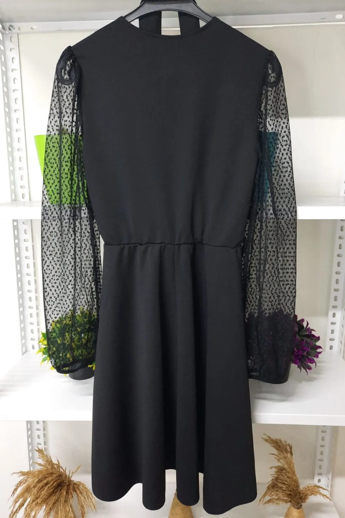 

Sleeve Polka Dot Dress-Black