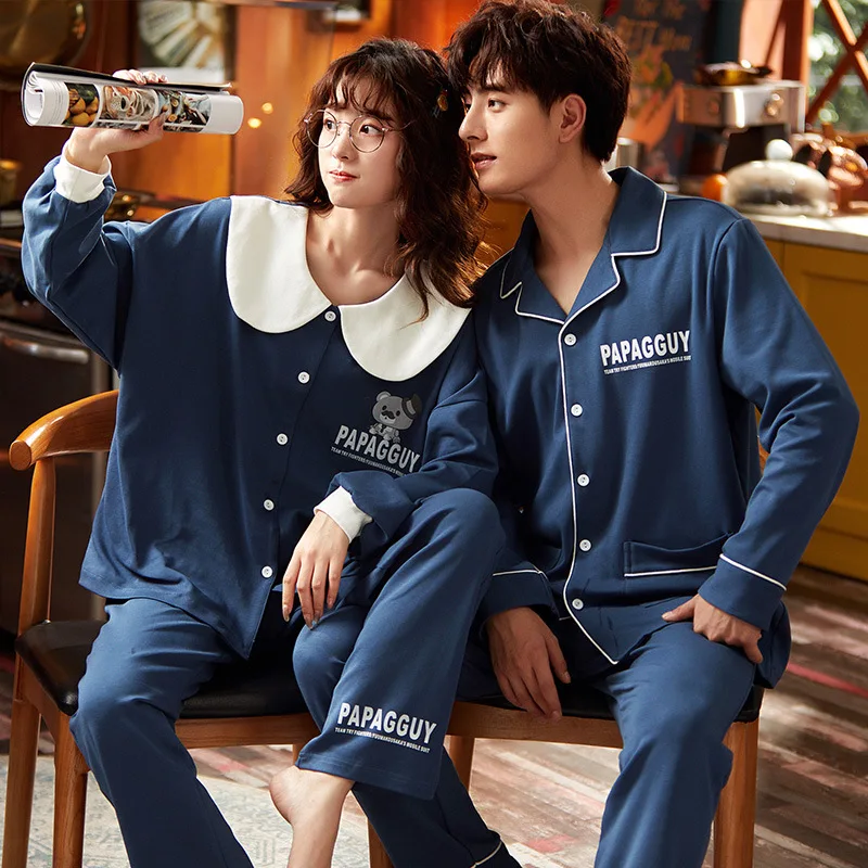 

Autumn Winter Couple Pyjamas Cotton Cardigan Pajamas Set Women Cartoon Sleepwear Simple Blue Pijamas Autumn Warm Girl Home Wear
